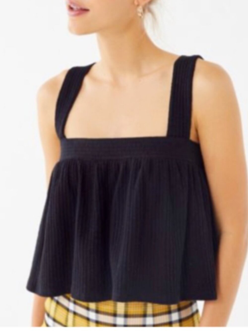 URBAN OUTFITTERS Large Black Aria A-Line Ruffle Tank Top Stretch Cotton Ribbed